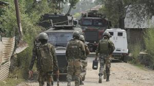 Security personnel seen near the site of an encounter at Ranbirgarh area, on the outskirts Srinagar, J&K , on Saturday, July 25, 2020.Two militants were killed in the encounter.(Waseem Andrabi / HT Photo) Security personnel seen near the site of an encounter at Ranbirgarh area, on the outskirts Srinagar, J&K , on Saturday, July 25, 2020.Two militants were killed in the encounter.(Waseem Andrabi / HT Photo)