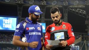 Rohit Sharma captain of the Mumbai Indians and Virat Kohli captain of the Royal Challengers Bangalore during the toss of the match fourteen of the Vivo Indian Premier League 2018 (IPL 2018) between the Mumbai Indians and the Royal Challengers Bangalore held at the Wankhede Stadium in Mumbai on the 17th April 2018. Photo by: Rohit Sharma captain of the Mumbai Indians and Virat Kohli captain of the Royal Challengers Bangalore during the toss of the match fourteen of the Vivo Indian Premier League 2018 (IPL 2018) between the Mumbai Indians and the Royal Challengers Bangalore held at the Wankhede Stadium in Mumbai on the 17th April 2018. Photo by: