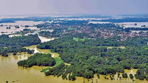 An aerial view of a flood-affected area in Darbhanga district of Bihar on Sunday.(PTI) An aerial view of a flood-affected area in Darbhanga district of Bihar on Sunday.(PTI)