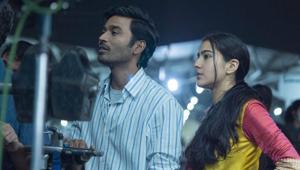 Dhanush and Sara Ali Khan in a still from Atrangi Re. Dhanush and Sara Ali Khan in a still from Atrangi Re.