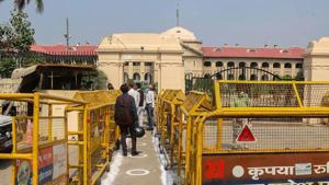 Prayagraj: People undergo thermal screening outside Allahabad High Court.(PTI) Prayagraj: People undergo thermal screening outside Allahabad High Court.(PTI)
