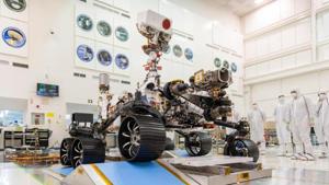 The six-wheeled, car-sized Perseverance is a copycat of Nasa’s Curiosity rover, prowling Mars since 2012, but with more upgrades and bulk.(@NASA/Twitter)