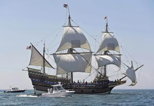 Groton: Spectator boats motor past the Mayflower II sailing through the waters of Fishers Island Sound off Groton, Conn., Tuesday, July 28, 2020, on the seventh day of two weeks of sea trials. The vessel, a replica of the original Mayflower that carried the Pilgrims to America in 1620, left Mystic Seaport Museum last week after a three-year, $11.2 million restoration by the workers at the Henry B. duPont Preservation Shipyard. Events scheduled in Boston and Cape Cod this spring and summer for the 400th anniversary were all postponed due to the coronavirus pandemic. Mayflower II will be docked, when not at sea, at City Pier in New London until it departs sometime next week for its return to Plymouth. (AP) Groton: Spectator boats motor past the Mayflower II sailing through the waters of Fishers Island Sound off Groton, Conn., Tuesday, July 28, 2020, on the seventh day of two weeks of sea trials. The vessel, a replica of the original Mayflower that carried the Pilgrims to America in 1620, left Mystic Seaport Museum last week after a three-year, $11.2 million restoration by the workers at the Henry B. duPont Preservation Shipyard. Events scheduled in Boston and Cape Cod this spring and summer for the 400th anniversary were all postponed due to the coronavirus pandemic. Mayflower II will be docked, when not at sea, at City Pier in New London until it departs sometime next week for its return to Plymouth. (AP)