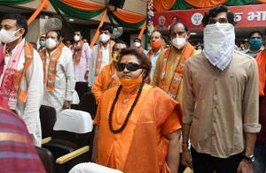 BJP MP Pragya Thakur during the Sewa-Samvad virtual rally at BJP State headquarters, in Bhopal.(PTI) BJP MP Pragya Thakur during the Sewa-Samvad virtual rally at BJP State headquarters, in Bhopal.(PTI)