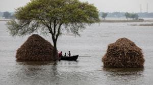 A woman with two children rows a small boat in a flooded field in Bhagalpur district of Bihar, July 28, 2020.(REUTERS) A woman with two children rows a small boat in a flooded field in Bhagalpur district of Bihar, July 28, 2020.(REUTERS)
