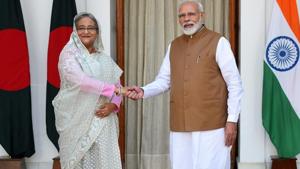 Prime Minister Narendra Modi greets Bangladesh Prime Minister Sheikh Hasina before their bilateral talk, Hyderabad House, New Delhi, October 5, 2019(Mohd Zakir/HT PHOTO) Prime Minister Narendra Modi greets Bangladesh Prime Minister Sheikh Hasina before their bilateral talk, Hyderabad House, New Delhi, October 5, 2019(Mohd Zakir/HT PHOTO)