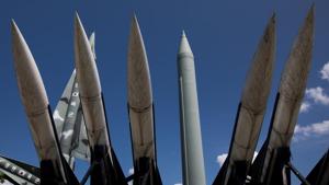 Mock MIM-23 Hawk surface-to-air missiles, foreground, and a mock North Korean Scud-B tactical ballistic missile, center right, stand on display at the War Memorial of Korea museum in Seoul, South Korea.(Bloomberg) Mock MIM-23 Hawk surface-to-air missiles, foreground, and a mock North Korean Scud-B tactical ballistic missile, center right, stand on display at the War Memorial of Korea museum in Seoul, South Korea.(Bloomberg)