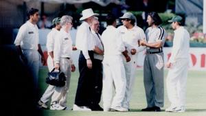 Calm down: Pakistan’s Inzamam Ul-Haq; wearing cap at right-centre; is restrained by officials during Sahara Cup cricket fracas.(Getty Images) Calm down: Pakistan’s Inzamam Ul-Haq; wearing cap at right-centre; is restrained by officials during Sahara Cup cricket fracas.(Getty Images)