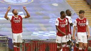 Arsenal's Pierre-Emerick Aubameyang celebrates after scoring his side's second goal during the FA Cup final soccer match between Arsenal and Chelsea at Wembley stadium in London, England, Saturday, Aug.1, 2020.(AP) Arsenal's Pierre-Emerick Aubameyang celebrates after scoring his side's second goal during the FA Cup final soccer match between Arsenal and Chelsea at Wembley stadium in London, England, Saturday, Aug.1, 2020.(AP)
