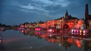Ram Ki Paidi illuminated ahead of the ground-breaking ceremony for the construction of the Ram Temple, in Ayodhya.(PTI Photo) Ram Ki Paidi illuminated ahead of the ground-breaking ceremony for the construction of the Ram Temple, in Ayodhya.(PTI Photo)
