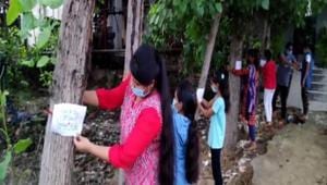 Students tie rakhis on trees with ‘Save Environment’ messages in Moradabad.(ANI) Students tie rakhis on trees with ‘Save Environment’ messages in Moradabad.(ANI)