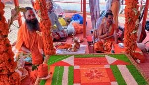 The three-day Vedic rituals which began on Monday will end with bhoomi poojan on Wednesday. PM Modi will perform the pooja at around 12.15 pm.(ANI) The three-day Vedic rituals which began on Monday will end with bhoomi poojan on Wednesday. PM Modi will perform the pooja at around 12.15 pm.(ANI)