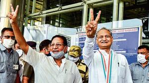 Rajasthan CM Ashok Gehlot and senior Congress leader Shanti Dhariwal at Jaipur Airport on July 31.(PTI) Rajasthan CM Ashok Gehlot and senior Congress leader Shanti Dhariwal at Jaipur Airport on July 31.(PTI)