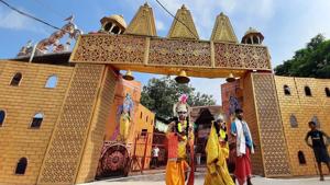 Artists in costume at Karsevak Puram ahead of the foundation stone laying ceremony of the Ram Janmabhumi temple in Ayodhya, Uttar Pradesh. (Photo by Deepak Gupta/Hindustan Times) Artists in costume at Karsevak Puram ahead of the foundation stone laying ceremony of the Ram Janmabhumi temple in Ayodhya, Uttar Pradesh. (Photo by Deepak Gupta/Hindustan Times)