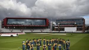 Pakistan cricket team huddle during a nets session at Old Trafford ground in Manchester, England, Monday Aug. 3, 2020. Pakistan are scheduled to play their first Test against England on Aug.5 to 9. (Gareth Copley/Pool via AP)(AP) Pakistan cricket team huddle during a nets session at Old Trafford ground in Manchester, England, Monday Aug. 3, 2020. Pakistan are scheduled to play their first Test against England on Aug.5 to 9. (Gareth Copley/Pool via AP)(AP)