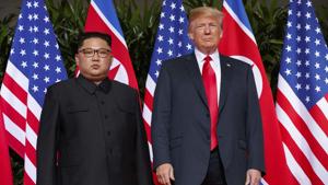 US President Donald Trump, right, meets with North Korean leader Kim Jong Un on Sentosa Island, in Singapore.(AP) US President Donald Trump, right, meets with North Korean leader Kim Jong Un on Sentosa Island, in Singapore.(AP)