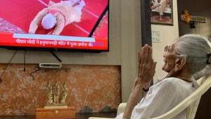 PM Modi’s mother Heeraben watching Ram temple event in Ayodhya on her TV. (ANI photo) PM Modi’s mother Heeraben watching Ram temple event in Ayodhya on her TV. (ANI photo)