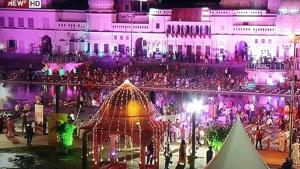An illuminated view of Ayodhya city on the eve of the foundation laying ceremony of Ram Temple, in Ayodhya.(ANI) An illuminated view of Ayodhya city on the eve of the foundation laying ceremony of Ram Temple, in Ayodhya.(ANI)