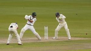 Pakistan's Shan Masood, center, plays a shot during the first day of the first cricket Test match between England and Pakistan at Old Trafford in Manchester, England, Wednesday, Aug. 5, 2020.(AP) Pakistan's Shan Masood, center, plays a shot during the first day of the first cricket Test match between England and Pakistan at Old Trafford in Manchester, England, Wednesday, Aug. 5, 2020.(AP)