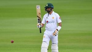 Pakistan's Babar Azam celebrates his half century.(REUTERS) Pakistan's Babar Azam celebrates his half century.(REUTERS)