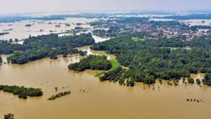An aerial view of the flood-affected Darbhanga district of Bihar on Wednesday.(PTI File Photo) An aerial view of the flood-affected Darbhanga district of Bihar on Wednesday.(PTI File Photo)