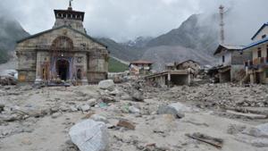 HT FIEL PHOTO - Rudraprayag, India - June 22 :: Kedarnath shrine and its Surrounding shrouded completely by the flood debries that devastated the area in Rudraprayag district, India,June 20,2013/ HT PHOTO (Story by Anupam Trivedi)