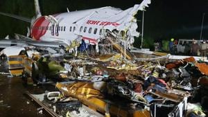 The Air India Express plane crash site at Kerala’s Kozhikode airport.(HT Photo)