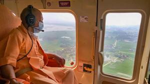 UP CM Yogi Adityanath during an aerial survey of the flood affected areas of eastern part of UP, in Gorakhpur district.(PTI) UP CM Yogi Adityanath during an aerial survey of the flood affected areas of eastern part of UP, in Gorakhpur district.(PTI)