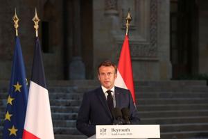 French President Emmanuel Macron delivers his speech during a news conference, following Tuesday's blast in Beirut's port area, in Beirut, Lebanon.(REUTERS) French President Emmanuel Macron delivers his speech during a news conference, following Tuesday's blast in Beirut's port area, in Beirut, Lebanon.(REUTERS)