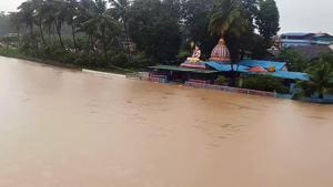 A temple submerged in water due to the overflowing of the Hemavathi river in Hassan, Karnataka, August 8, 2020.(ANI) A temple submerged in water due to the overflowing of the Hemavathi river in Hassan, Karnataka, August 8, 2020.(ANI)