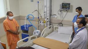 Uttar Pradesh CM Yogi Adityanath inspects Noida Covid Hospital after its inauguration, Saturday, Aug. 8, 2020.(PTI) Uttar Pradesh CM Yogi Adityanath inspects Noida Covid Hospital after its inauguration, Saturday, Aug. 8, 2020.(PTI)