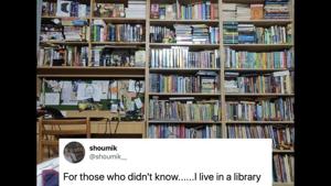 The image shows several wooden shelves filled with books, from top to bottom.(Twitter/@shoumik__) The image shows several wooden shelves filled with books, from top to bottom.(Twitter/@shoumik__)