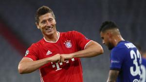 Bayern Munich's Robert Lewandowski celebrates scoring their fourth goal.(REUTERS) Bayern Munich's Robert Lewandowski celebrates scoring their fourth goal.(REUTERS)