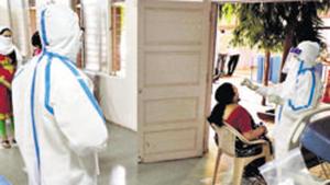A health worker collects swab sample from a woman to test for Covid-19 infection in Pune, Maharashtra, August 8, 2020.(Rahul Raut/ HT Photo) A health worker collects swab sample from a woman to test for Covid-19 infection in Pune, Maharashtra, August 8, 2020.(Rahul Raut/ HT Photo)