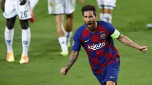 Lionel Messi celebrates after scoring his side’s second goal during the Champions League round of 16.(AP) Lionel Messi celebrates after scoring his side’s second goal during the Champions League round of 16.(AP)