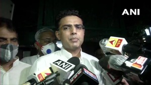 Sachin Pilot speaking to reporters after his meeting with Congress leaders Priyanka Gandhi Vadra, Ahmed Patel and KC Venugopal in Delhi Monday night.(ANI) Sachin Pilot speaking to reporters after his meeting with Congress leaders Priyanka Gandhi Vadra, Ahmed Patel and KC Venugopal in Delhi Monday night.(ANI)