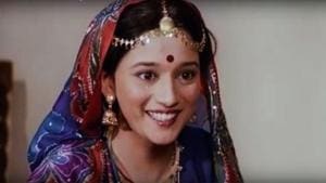 Madhuri Dixit in a still from her debut film Abodh. Madhuri Dixit in a still from her debut film Abodh.