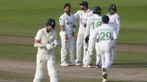Pakistan's Yasir Shah, second left, celebrates with teammates the dismissal of England's Stuart Broad, left, during the fourth day of the first cricket Test match between England and Pakistan at Old Trafford in Manchester, England, Saturday, Aug. 8, 2020. (Lee Smith/Pool via AP)(AP) Pakistan's Yasir Shah, second left, celebrates with teammates the dismissal of England's Stuart Broad, left, during the fourth day of the first cricket Test match between England and Pakistan at Old Trafford in Manchester, England, Saturday, Aug. 8, 2020. (Lee Smith/Pool via AP)(AP)