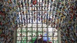 An art installation made of 20,325 origamis called "Origami For Life" by Belgian designer and artist Charles Kaisin is pictured at the Cathedral of St. Michael and St. Gudula in Brussels, Belgium.(REUTERS/Yves Herman) An art installation made of 20,325 origamis called "Origami For Life" by Belgian designer and artist Charles Kaisin is pictured at the Cathedral of St. Michael and St. Gudula in Brussels, Belgium.(REUTERS/Yves Herman)