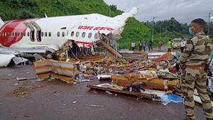 The Boeing 737 jet, on a Vande Bharat mission as flight AIX 1344 from Dubai that was bringing in Indians who were stranded abroad due to the Covid-19 pandemic, met with an accident while landing at the Kozhikode airport in treacherous conditions on August 7.(ANI PHOTO.) The Boeing 737 jet, on a Vande Bharat mission as flight AIX 1344 from Dubai that was bringing in Indians who were stranded abroad due to the Covid-19 pandemic, met with an accident while landing at the Kozhikode airport in treacherous conditions on August 7.(ANI PHOTO.)