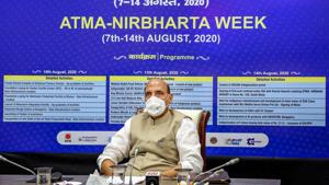 Defence minister Rajnath Singh virtually inaugurated facilities of OFB, BDL, HAL, BEL, BEML, MIDHANI, GRSE &GSL as part of the celebration of 'Atam Nirbhar Bharat' week in New Delhi on Monday.(PTI File Photo) Defence minister Rajnath Singh virtually inaugurated facilities of OFB, BDL, HAL, BEL, BEML, MIDHANI, GRSE &GSL as part of the celebration of 'Atam Nirbhar Bharat' week in New Delhi on Monday.(PTI File Photo)