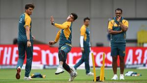 Nasim Shah of Pakistan bowls watched on by Shaheen Afridi and Waqar Younis during a nets session at Old Trafford, Manchester.(PA Images via Getty Images) Nasim Shah of Pakistan bowls watched on by Shaheen Afridi and Waqar Younis during a nets session at Old Trafford, Manchester.(PA Images via Getty Images)