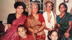 KamalaHarris, back row at left,in an undated family photo. Next to her, from left, her grandmother Rajam, grandfather P.V. Gopalan and sister, Maya Harris.(Twitter) KamalaHarris, back row at left,in an undated family photo. Next to her, from left, her grandmother Rajam, grandfather P.V. Gopalan and sister, Maya Harris.(Twitter)