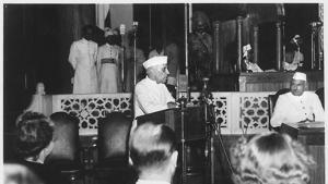 Jawaharlal Nehru addresses the midnight session of the Constituent Assembly of India in New Delhi on August 15, 1947. Jawaharlal Nehru addresses the midnight session of the Constituent Assembly of India in New Delhi on August 15, 1947.