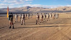 ITBP soldiers near the Pangong Tso lake in Ladakh on Saturday morning.(Pic: ITBP) ITBP soldiers near the Pangong Tso lake in Ladakh on Saturday morning.(Pic: ITBP)
