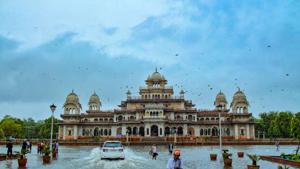 Waterlogging outside the historic Albert Hall Museum during heavy rain in Jaipur.(PTI) Waterlogging outside the historic Albert Hall Museum during heavy rain in Jaipur.(PTI)