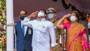 Andhra Pradesh chief minister YS Jagan Mohan Reddy hoisted the Tricolor during the 74th Independence Day celebrations in Vijayawada.(PTI Photo) Andhra Pradesh chief minister YS Jagan Mohan Reddy hoisted the Tricolor during the 74th Independence Day celebrations in Vijayawada.(PTI Photo)