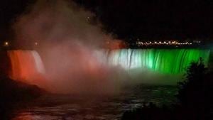 The scenic Canadian landmark of Niagara Falls was illuminated in the hues of the tricolour on the evening of August 15, 2020.(Photo Credit: Indian Consulate, Toronto) The scenic Canadian landmark of Niagara Falls was illuminated in the hues of the tricolour on the evening of August 15, 2020.(Photo Credit: Indian Consulate, Toronto)