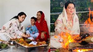 Kangana Ranaut takes part in a puja with mother and nephew. Kangana Ranaut takes part in a puja with mother and nephew.