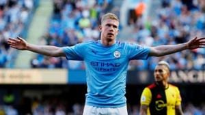 Manchester City's Kevin De Bruyne celebrates scoring their eighth goal.(REUTERS) Manchester City's Kevin De Bruyne celebrates scoring their eighth goal.(REUTERS)